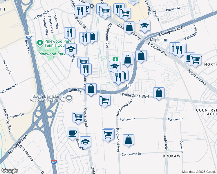 map of restaurants, bars, coffee shops, grocery stores, and more near in Milpitas