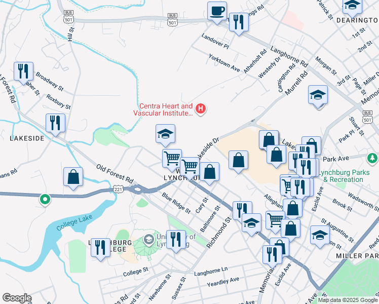 map of restaurants, bars, coffee shops, grocery stores, and more near 1009 Bristol Street in Lynchburg