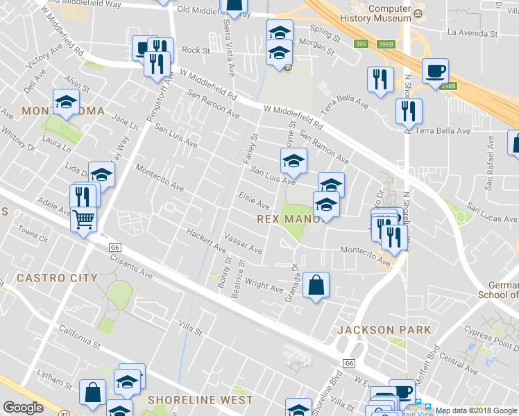 map of restaurants, bars, coffee shops, grocery stores, and more near 1789 Elsie Avenue in Mountain View