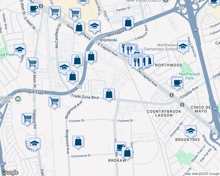 map of restaurants, bars, coffee shops, grocery stores, and more near 1819 Passage Street in Milpitas