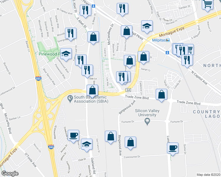 map of restaurants, bars, coffee shops, grocery stores, and more near in Milpitas