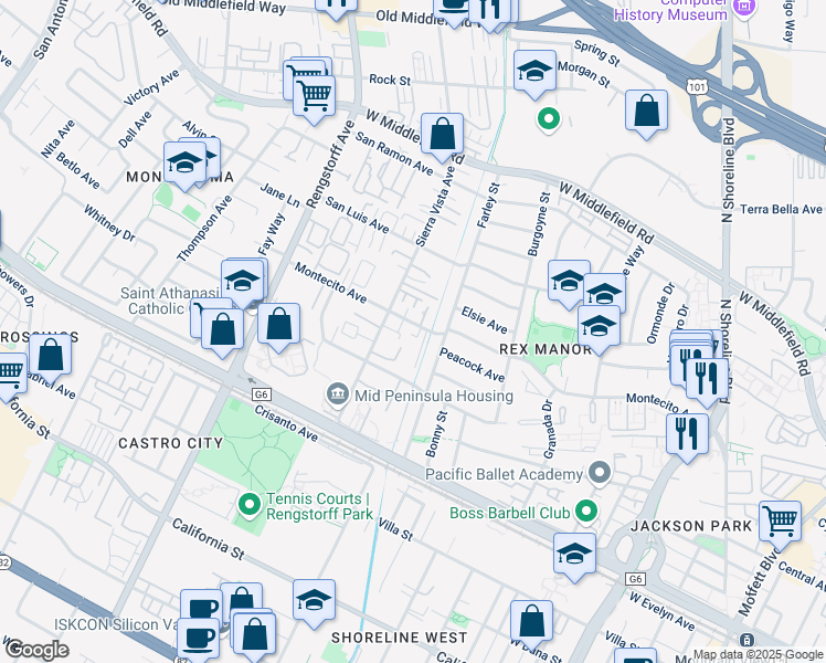 map of restaurants, bars, coffee shops, grocery stores, and more near 229 Sierra Vista Avenue in Mountain View