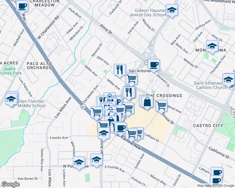 map of restaurants, bars, coffee shops, grocery stores, and more near 450 San Antonio Road in Mountain View