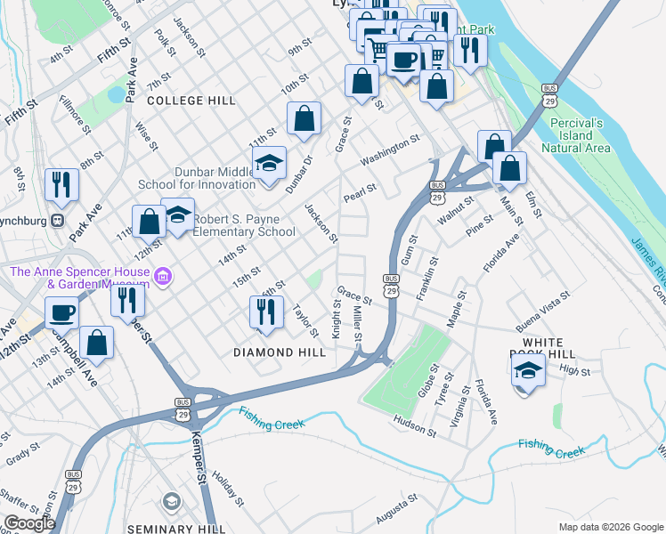map of restaurants, bars, coffee shops, grocery stores, and more near 1010 17th Street in Lynchburg
