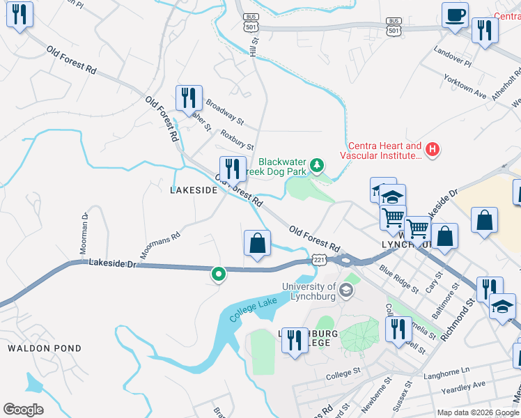 map of restaurants, bars, coffee shops, grocery stores, and more near 3504 Joel St in Lynchburg