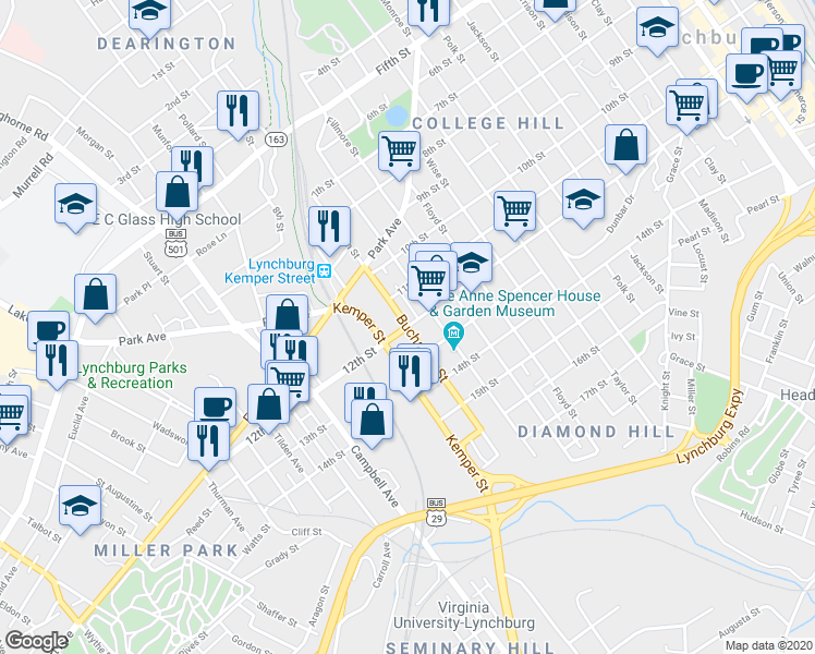map of restaurants, bars, coffee shops, grocery stores, and more near 1622 12th Street in Lynchburg