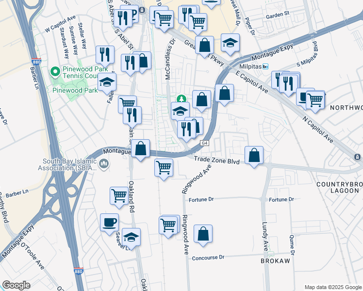 map of restaurants, bars, coffee shops, grocery stores, and more near 1895 McCandless Drive in Milpitas
