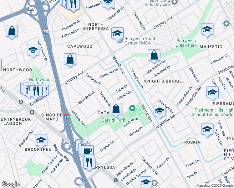 map of restaurants, bars, coffee shops, grocery stores, and more near 2922 Tobin Drive in San Jose