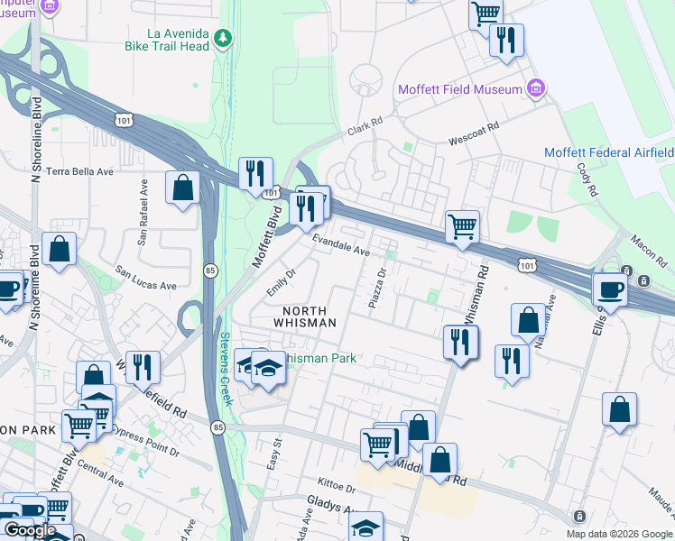 map of restaurants, bars, coffee shops, grocery stores, and more near 536 Easy Street in Mountain View