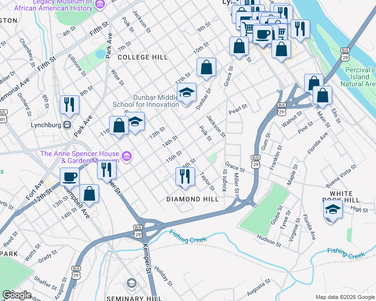 map of restaurants, bars, coffee shops, grocery stores, and more near 1506 Taylor Street in Lynchburg