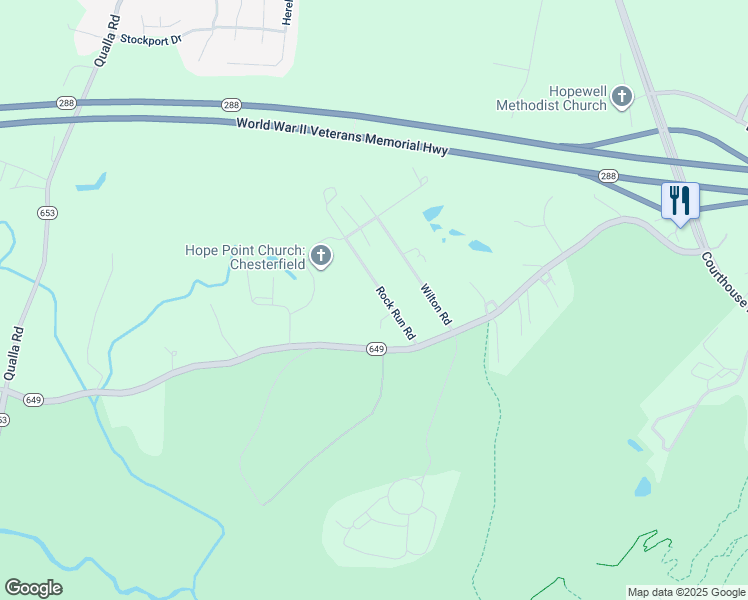 map of restaurants, bars, coffee shops, grocery stores, and more near 6550 Rock Run Road in Chesterfield
