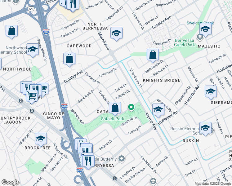map of restaurants, bars, coffee shops, grocery stores, and more near 2922 Tobin Drive in San Jose