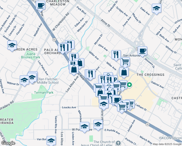 map of restaurants, bars, coffee shops, grocery stores, and more near 4309 Collins Court in Mountain View