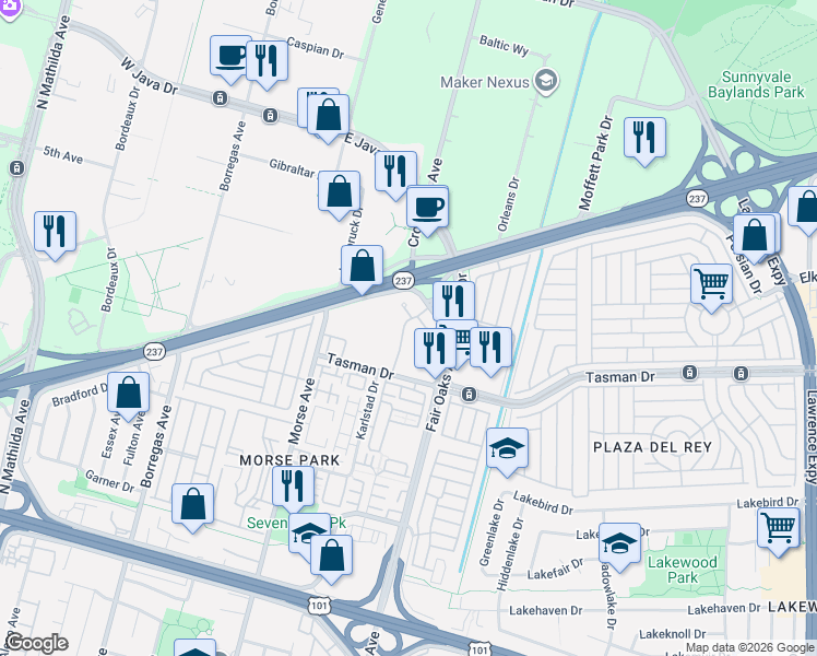 map of restaurants, bars, coffee shops, grocery stores, and more near 1172 La Rochelle Terrace in Sunnyvale