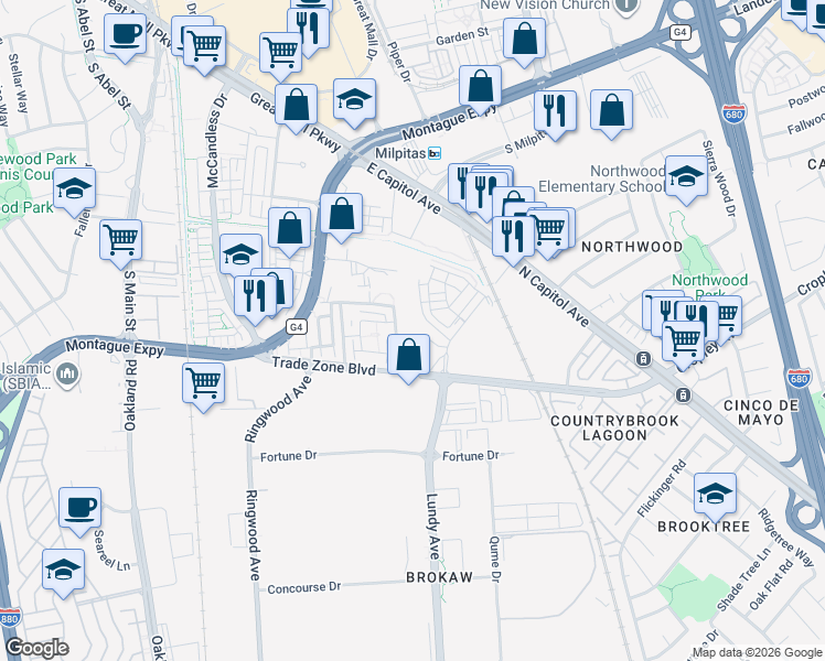 map of restaurants, bars, coffee shops, grocery stores, and more near 1817 Passage Street in Milpitas