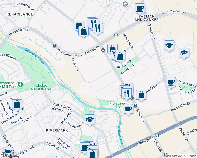 map of restaurants, bars, coffee shops, grocery stores, and more near 50 Rio Robles in San Jose