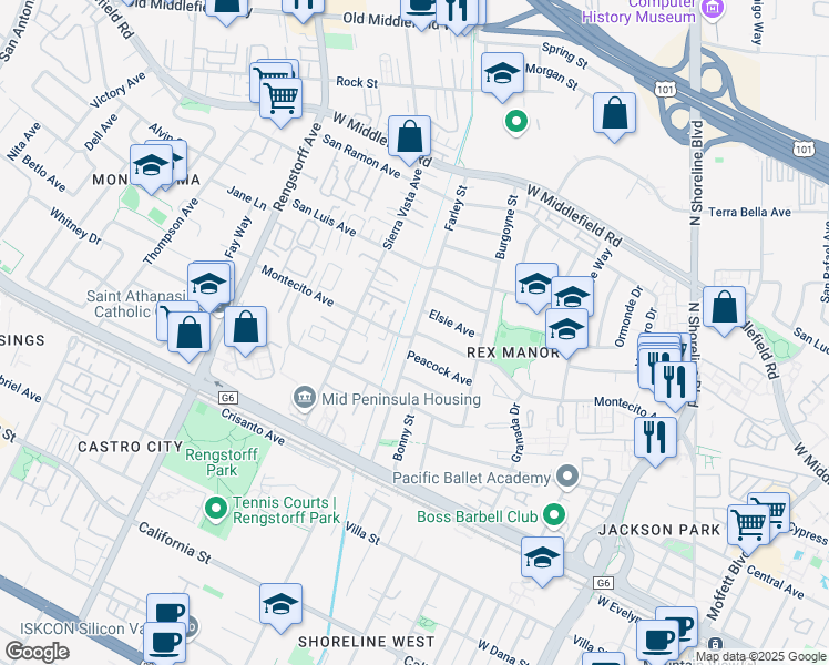map of restaurants, bars, coffee shops, grocery stores, and more near Montecito Avenue & Farley Street in Mountain View