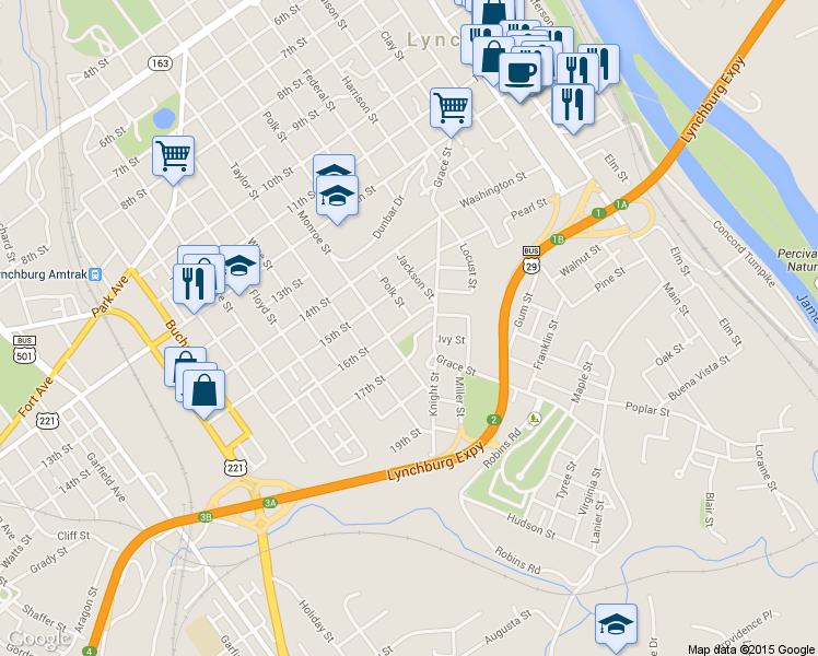 map of restaurants, bars, coffee shops, grocery stores, and more near 1002 16th Street in Lynchburg