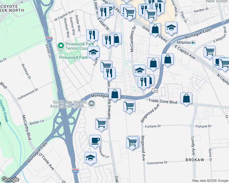 map of restaurants, bars, coffee shops, grocery stores, and more near 1807 Snell Place in Milpitas