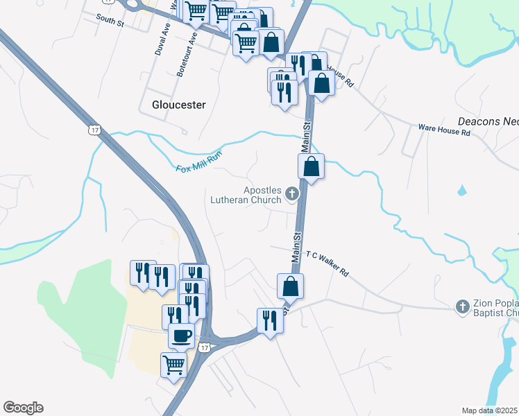 map of restaurants, bars, coffee shops, grocery stores, and more near 7020 Fox Mill Run Drive in Gloucester