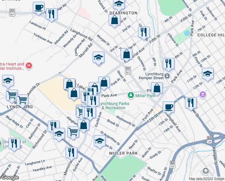 map of restaurants, bars, coffee shops, grocery stores, and more near 626 Park Lane in Lynchburg