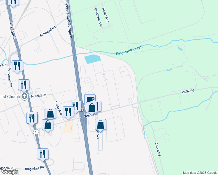 map of restaurants, bars, coffee shops, grocery stores, and more near 9013 Quinnford Boulevard in Richmond