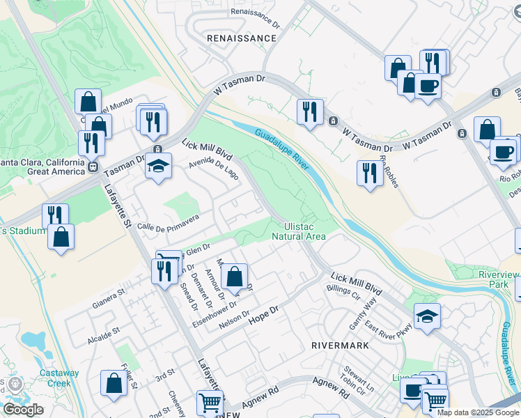 map of restaurants, bars, coffee shops, grocery stores, and more near 1790 Nantucket Circle in Santa Clara