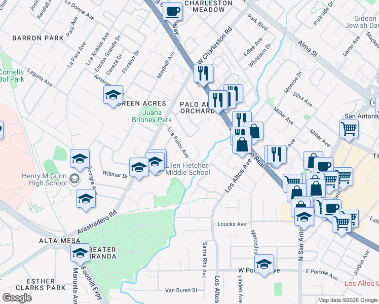 map of restaurants, bars, coffee shops, grocery stores, and more near 4240 Suzanne Drive in Palo Alto
