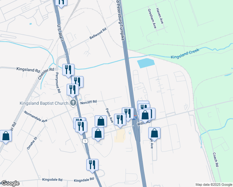 map of restaurants, bars, coffee shops, grocery stores, and more near 2412 Norcliff Road in Richmond
