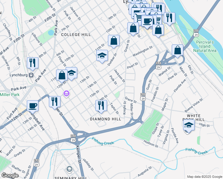 map of restaurants, bars, coffee shops, grocery stores, and more near 1422 Monroe Street in Lynchburg