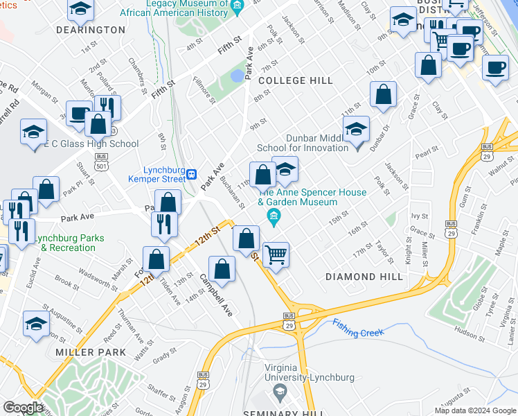 map of restaurants, bars, coffee shops, grocery stores, and more near 1113 Pierce Street in Lynchburg