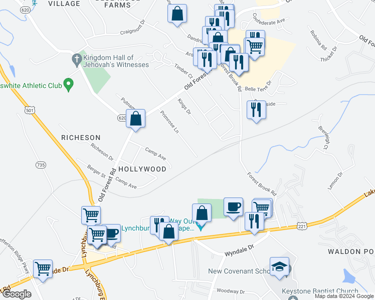 map of restaurants, bars, coffee shops, grocery stores, and more near 127 Primrose Lane in Lynchburg
