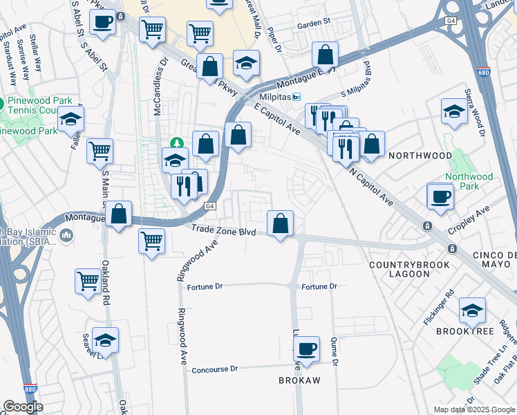 map of restaurants, bars, coffee shops, grocery stores, and more near 1888 Trento Loop in Milpitas