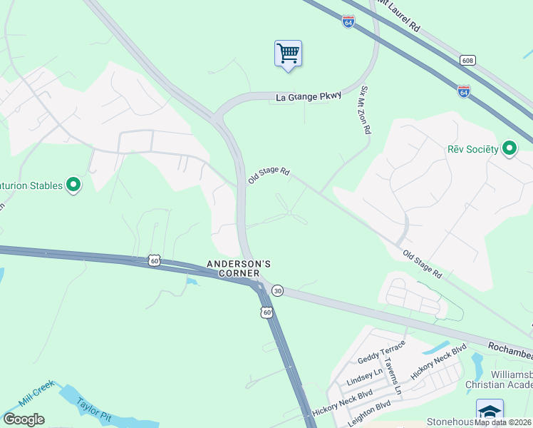 map of restaurants, bars, coffee shops, grocery stores, and more near 3115 Weathers Boulevard in Toano