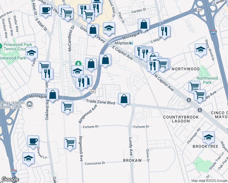 map of restaurants, bars, coffee shops, grocery stores, and more near 1890 Trento Loop in Milpitas