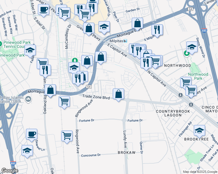map of restaurants, bars, coffee shops, grocery stores, and more near 1890 Trento Loop in Milpitas