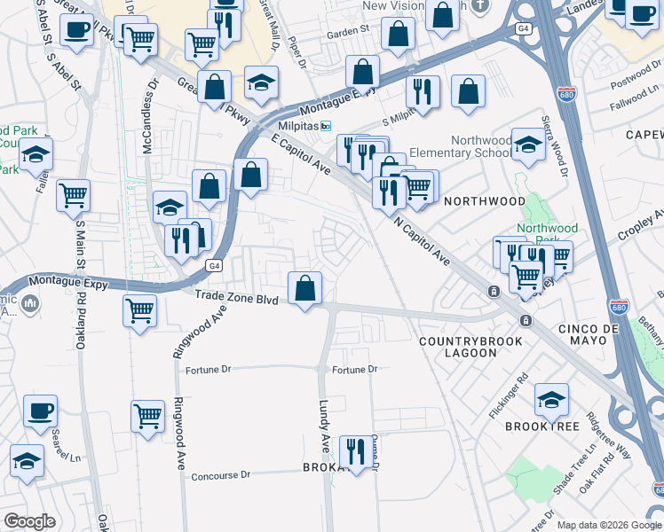 map of restaurants, bars, coffee shops, grocery stores, and more near 2032 Terracotta Court in Milpitas