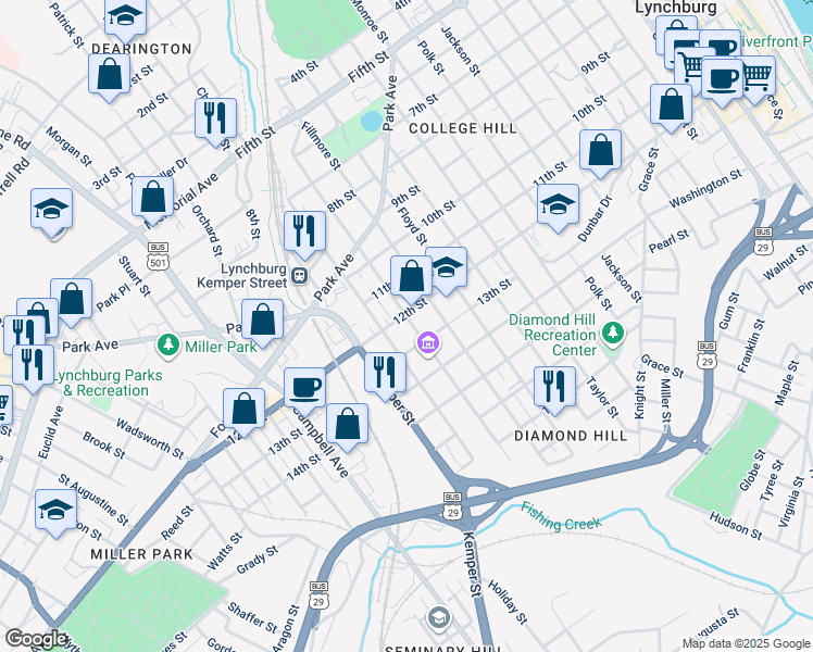 map of restaurants, bars, coffee shops, grocery stores, and more near 1209 Pierce Street in Lynchburg