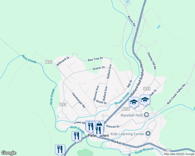 map of restaurants, bars, coffee shops, grocery stores, and more near Hansbarger Road in Peterstown