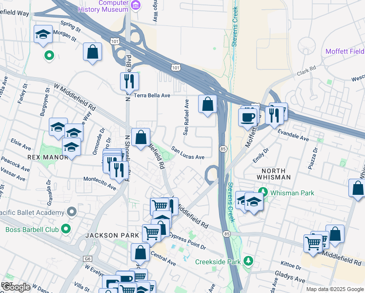 map of restaurants, bars, coffee shops, grocery stores, and more near 795 San Carlos Avenue in Mountain View