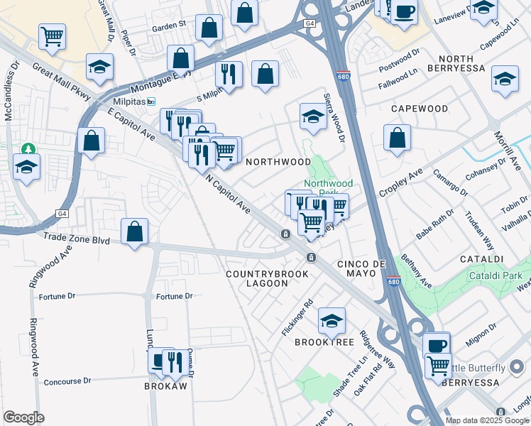 map of restaurants, bars, coffee shops, grocery stores, and more near 2591 Autumnvale Drive in San Jose