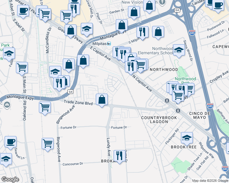 map of restaurants, bars, coffee shops, grocery stores, and more near 2032 Terracotta Court in Milpitas