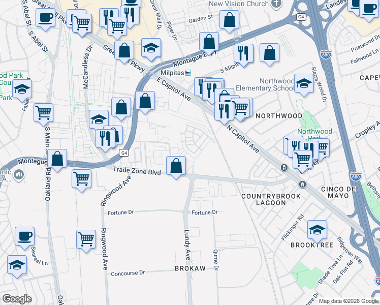 map of restaurants, bars, coffee shops, grocery stores, and more near 1901 Tarob Court in Milpitas