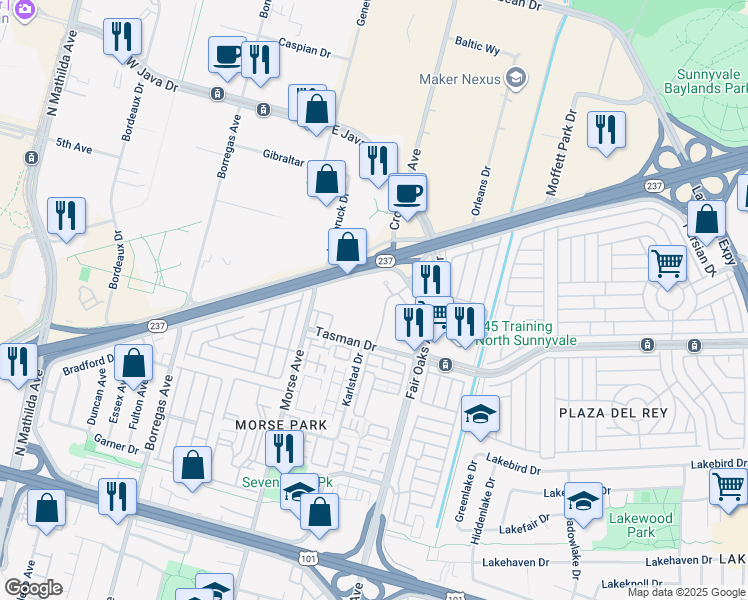 map of restaurants, bars, coffee shops, grocery stores, and more near 460 Persian Drive in Sunnyvale