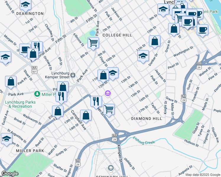 map of restaurants, bars, coffee shops, grocery stores, and more near 1205 Fillmore Street in Lynchburg