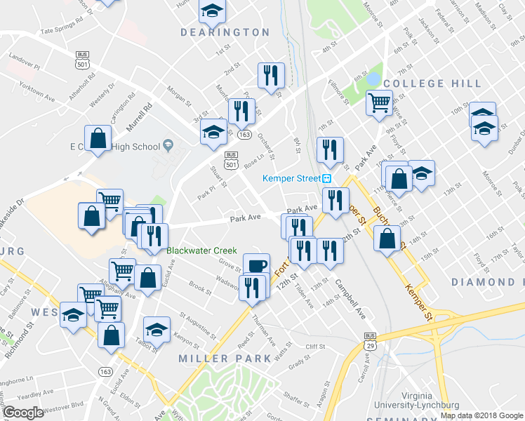map of restaurants, bars, coffee shops, grocery stores, and more near 2926 Langhorne Road in Lynchburg
