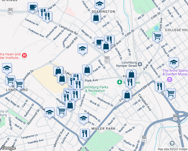 map of restaurants, bars, coffee shops, grocery stores, and more near 2223 Park Place in Lynchburg