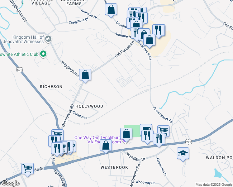 map of restaurants, bars, coffee shops, grocery stores, and more near 124 Primrose Lane in Lynchburg