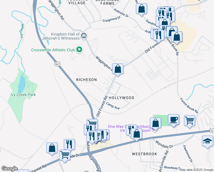 map of restaurants, bars, coffee shops, grocery stores, and more near 3708 Old Forest Road in Lynchburg