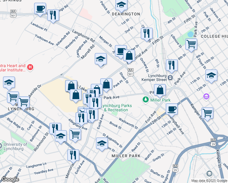 map of restaurants, bars, coffee shops, grocery stores, and more near 620 Park Lane in Lynchburg